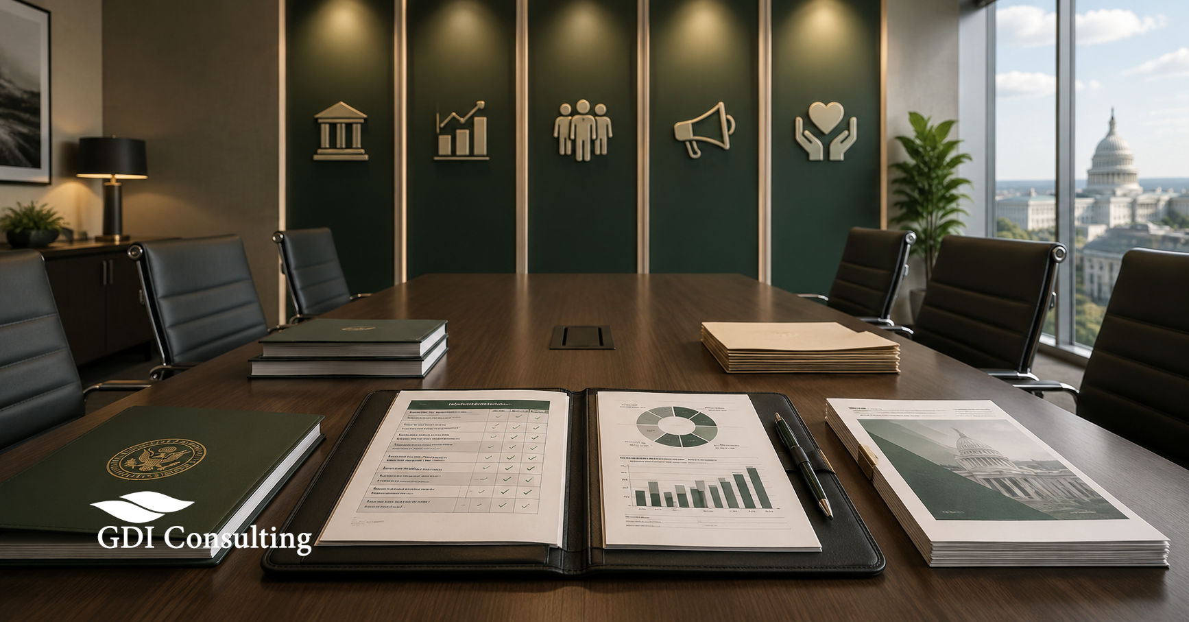 Executive government contracting conference room with project qualification documents, scoring materials, and symbols representing the five new OASIS+ service domains.
