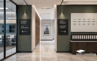 Modern office corridor illustrating a two-track OASIS+ strategy, with signs for year-end revenue and OASIS+ readiness, a submission timeline, and GDI Consulting branding.