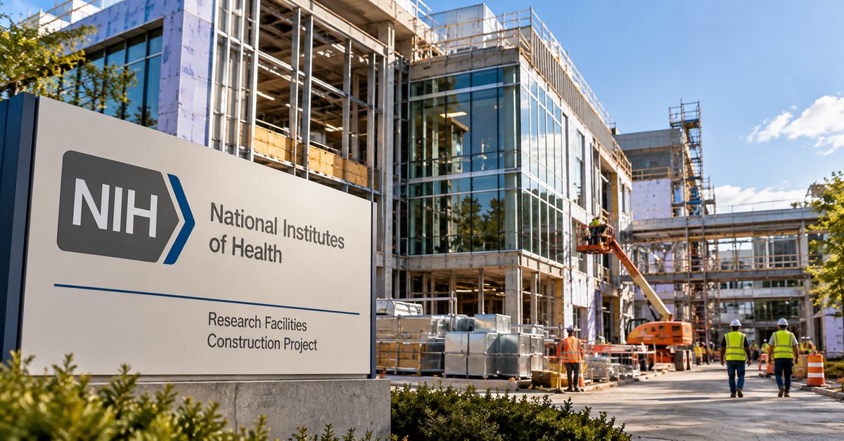 AI-generated illustration of NIH-branded research facility construction, showing an unfinished building, workers, and scaffolding